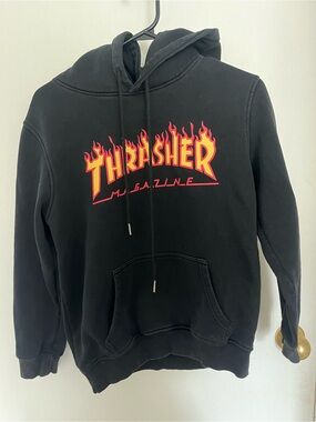 Thrasher Black Hoodie with Red and Yellow Flame Logo
